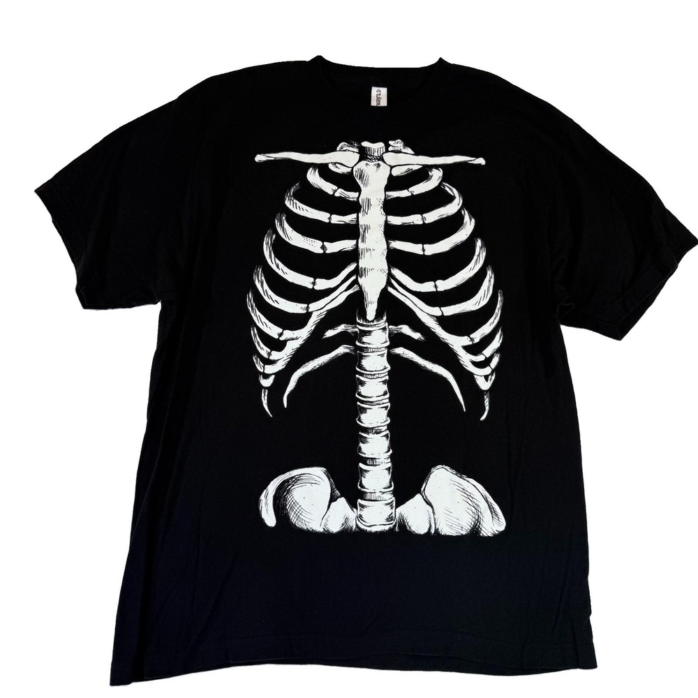 Tultex Skeleton Rib Cage Graphic T-Shirt Black Halloween Goth XL Costume Skull